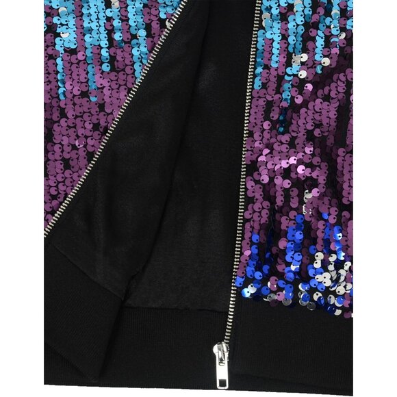Brand New Women Midnight Blue Polyester  Sequin Bomber Jacket Ribbed Cuffs - Picture 5 of 7